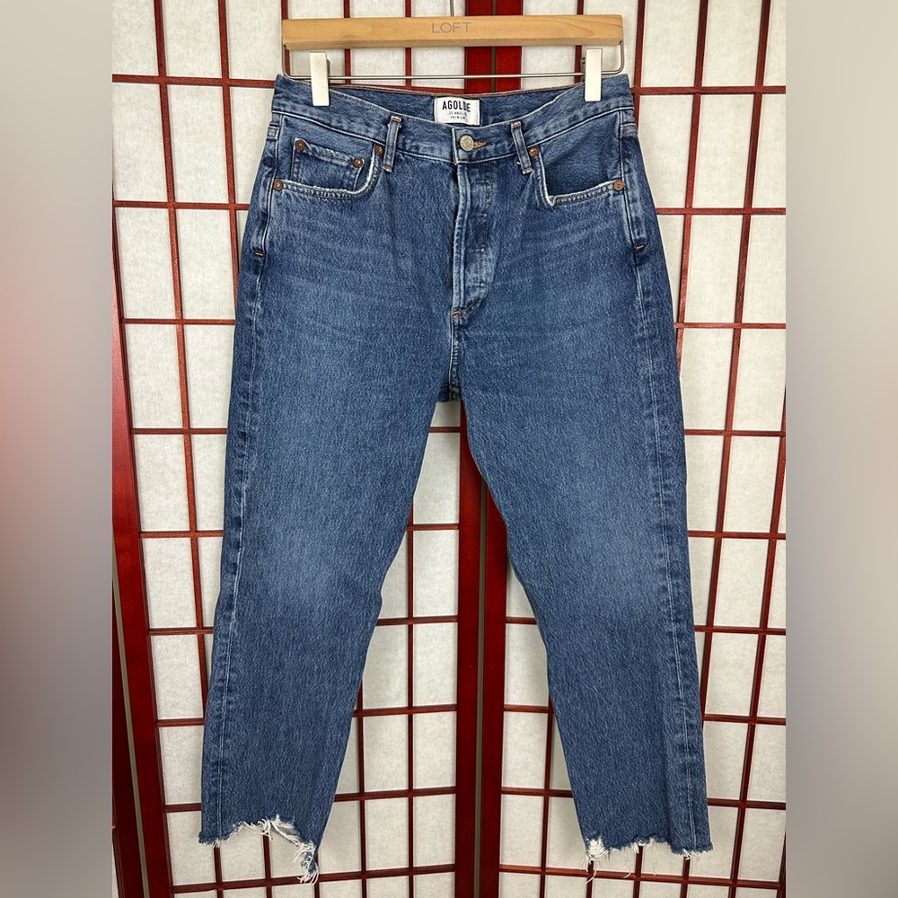 AGOLDE A056J 813 Medium Wash High Rise Crop Straight Leg Jean Raw Hem